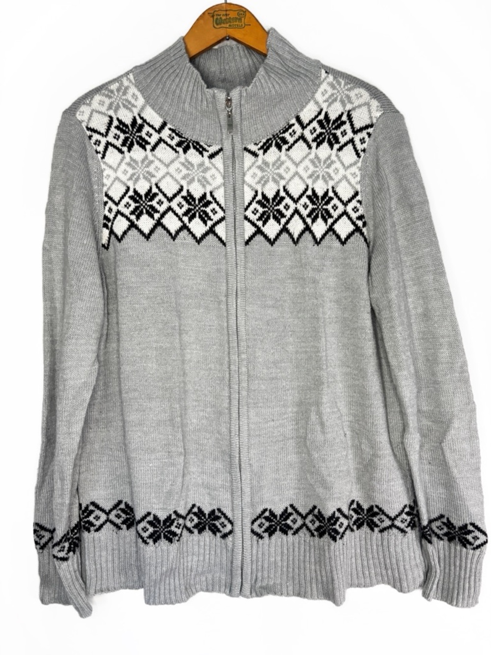 Gray, Black, and White Basic Editions Zip-Front Fair Isle Cardigan -XL-